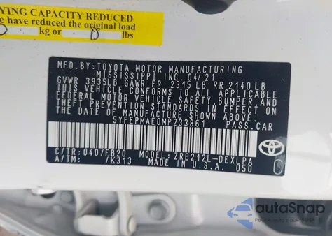 2021 Toyota Corolla Le из США, поврежденный, VIN 5YFEPMAE0MP233861